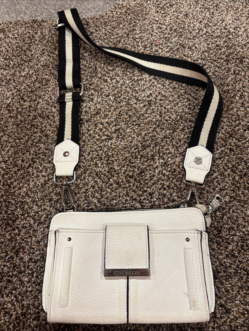 Steve Madden White Crossbody with Black-and-White Striped Strap